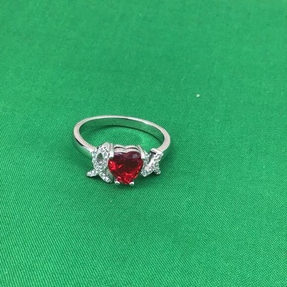 I Heart U Size 8 Red Glass Heart I Love You Sweetheart Valentine Ring SilverMark - Picture 7 of 7